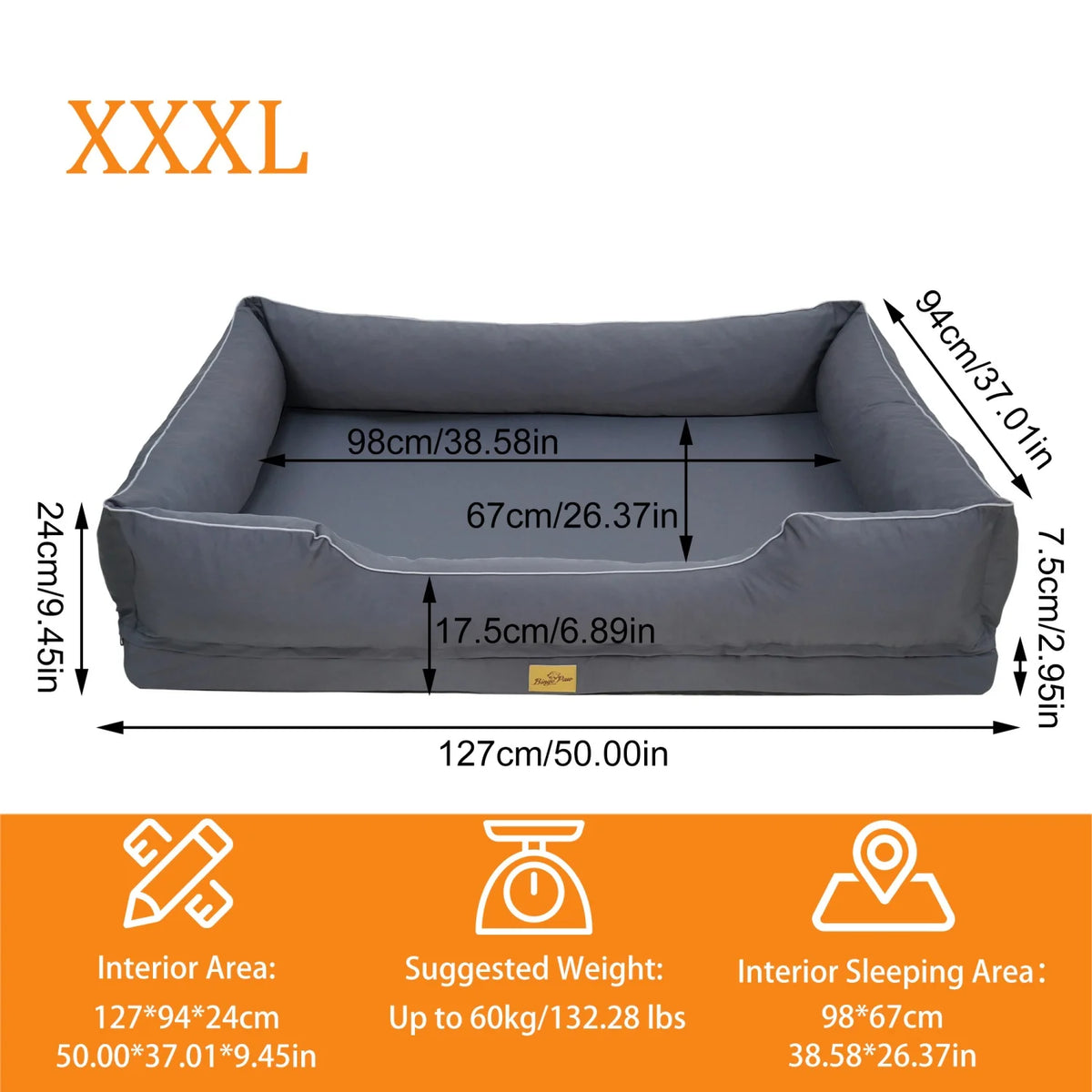 Orthopedic Dog Sofa Bed with Bolsters and Removable Washable Cover