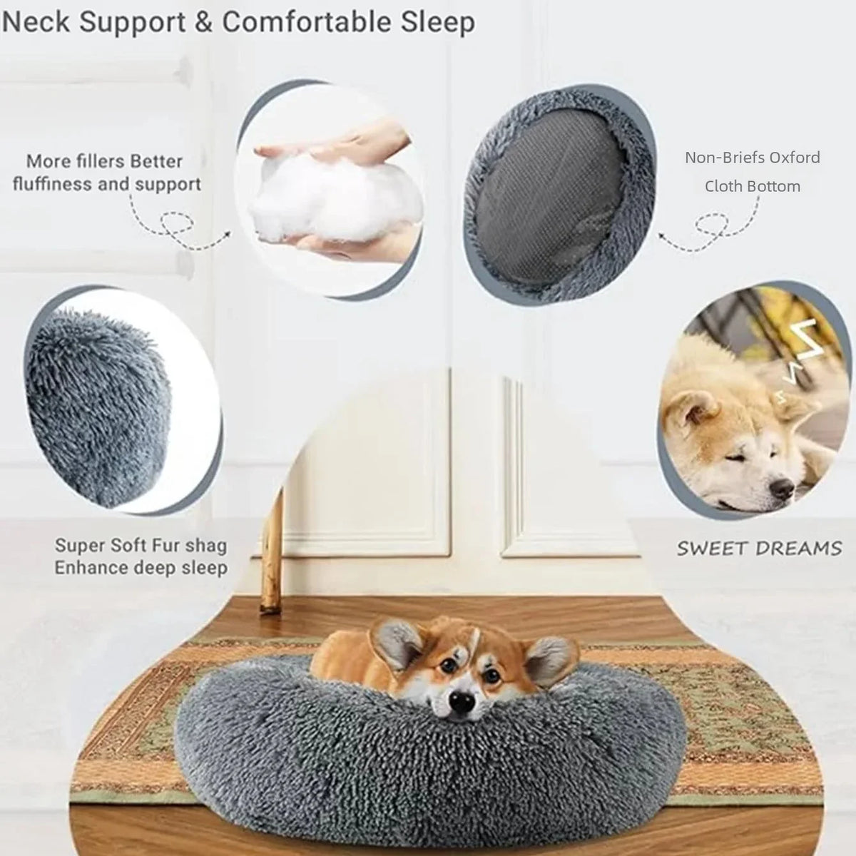 Round Plush Pet Bed — Soft Winter Sleeping Bed for Dogs & Cats, 6 Sizes