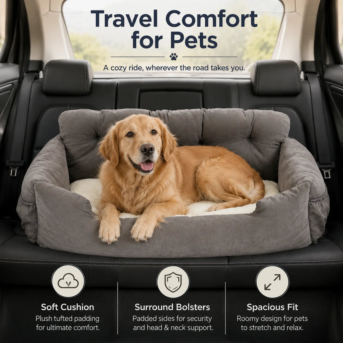 Portable Pet Car Booster Seat with Safety Leash & Storage Pockets