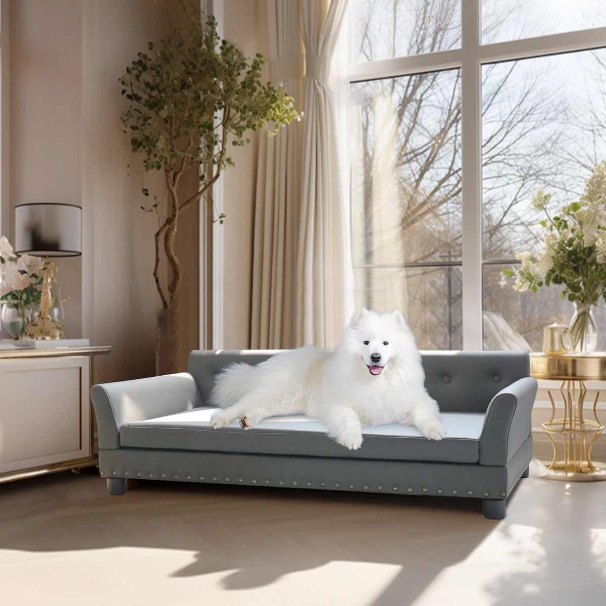 Elevated Dog Sofa Lounge  Microfiber Leather Cover with Removable Cushion